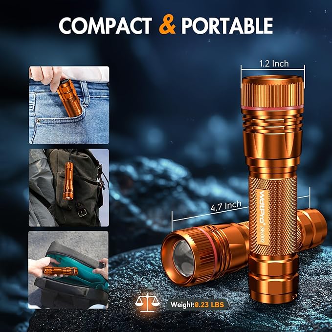 WdtPro Rechargeable Flashlights High Lumens, 1 Pack Super Bright LED Small Tactical EDC Flashlight with 10H Runtime, Portable Flash Light for Camping,Home,Emergency Essentials Orange Battery Included
