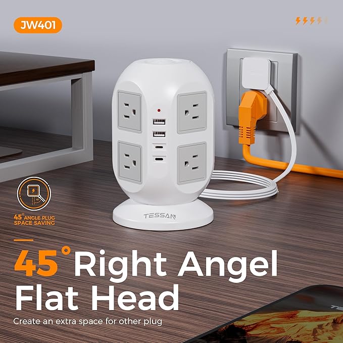 Tower Power Strip, Surge Protector 10 FT Cord, TESSAN Flat Plug Extension Cord with Multiple Outlets, 8 AC Outlets with 4 USB Ports (2 USB C), Charging Station with Surge Protection, for Office Dorm