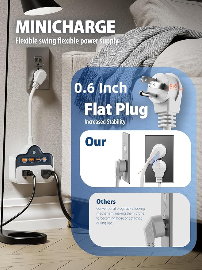 Wall Power Strips 65W USB-C Outlet Extender, Surge Protector Splitter 6 Inch Short Extension Cord, Multi Plug Wall Outlets with 4 USB Ports, 3 AC Outets, Power On/Off Switch (1)