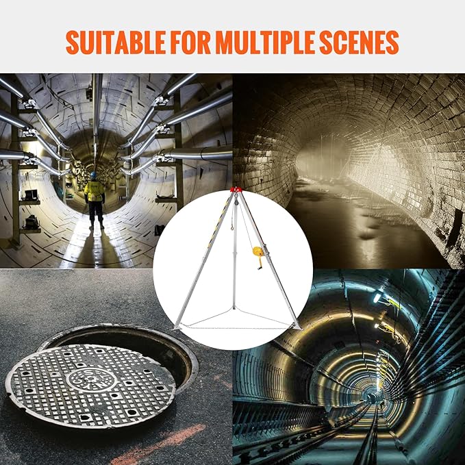 VEVOR Confined Space Tripod Kit, 1200 lbs Winch, Confined Space Tripod 7' Legs Bracket and 98' Cable, Confined Space Rescue Tripod 32.8' Fall Protection, Storage Bag for Traditional Confined Spaces