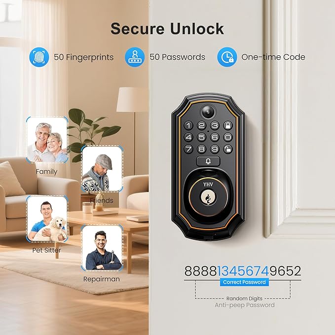 Keyless Entry Door Lock with Camera Electronic Smart Lock Fingerprint Keypad Deadbolt with Code, App Remote Control, Auto Unlock, Wi-Fi Connected, Doorbell for Front Door