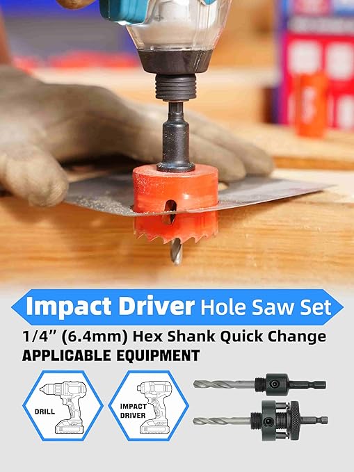 HIGHFIRE 17 Pcs 1/4" Hex Shank Hole Saw Kit for Impact Driver, 3/4" to 2" Bi-Metal Heavy Duty Hole Cutter for Metal, Wood and Plastic, Smooth and Precise, Fast Chip Removal.