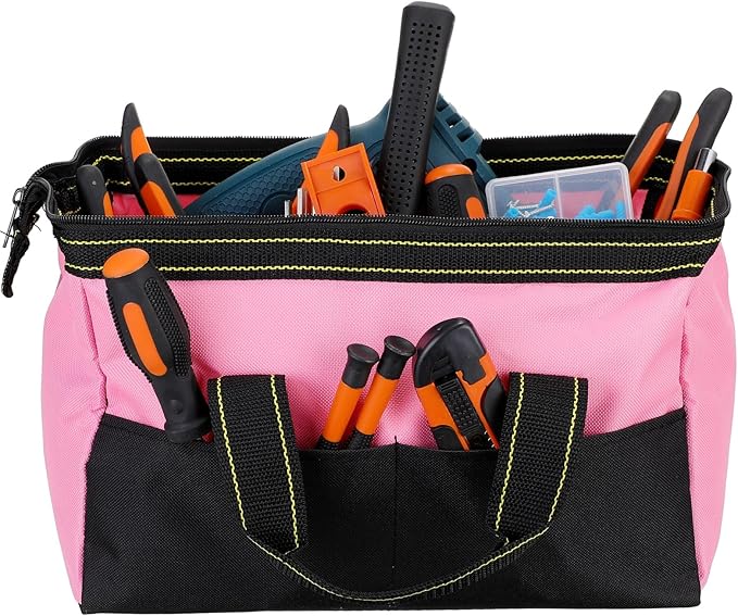 Sanwuta 3 Pack Tool Bag for Men with Waterproof Hard Bottom, Heavy Duty Tool Bag Wide Mouth Tote for Various Instrument, Electrician Carpenter Mechanic(13 Inch,Red, Pink, Light Purple)