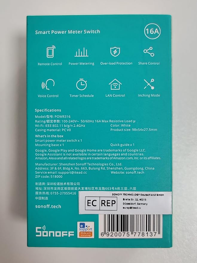 SONOFF POWR316 Origin 16A WiFi Smart Power Meter Switch,Universal DIY Module for Smart Home, Works with Amazon Alexa & Google Home
