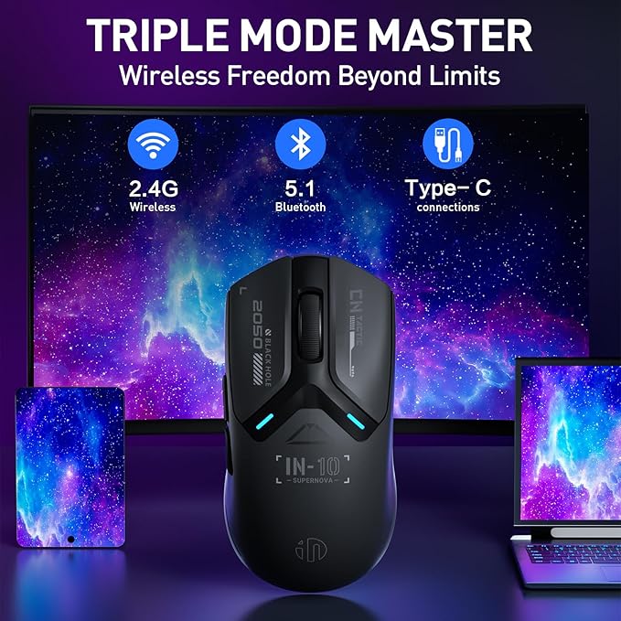 INPHIC IN10P Superlight Wireless Gaming Mouse, 60g, 8K Polling Rate, 26,000 DPI, Tri-Mode, PAW3395 Sensor, Fully Programmable