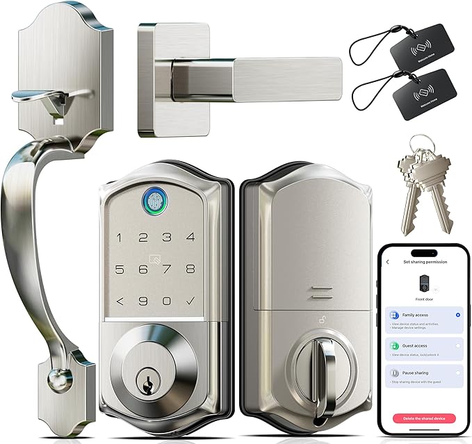 Veise VE017-H Fingerprint Smart Front Door Lock Set, App Control, Keyless Entry Deadbolt with Handle, Smart Deadbolt, Emergency Power Port, Touchscreen Keypad, Auto Lock, Easy Install, Satin Nickel