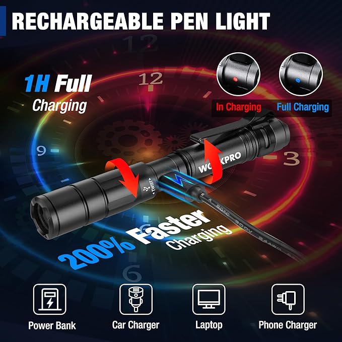 WORKPRO Rechargeable Pen Light, Mini Flashlight, 2 Pack Ultra-Compact EDC Flashlight, Pocket Flashlight with Clip, Memory Function and 2 x USB C Cable Included, Black