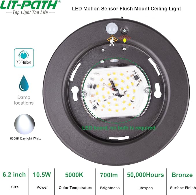 LIT-PaTH LED Flush Mount Ceiling Light, Closet Lighting Fixture with Motion Sensor and Dusk to Dawn, 10.5W, 800 Lumen, 6.2 Inch, Anti-Rust Galvanized Housing, Bronze Finish 5000K 4-Pack
