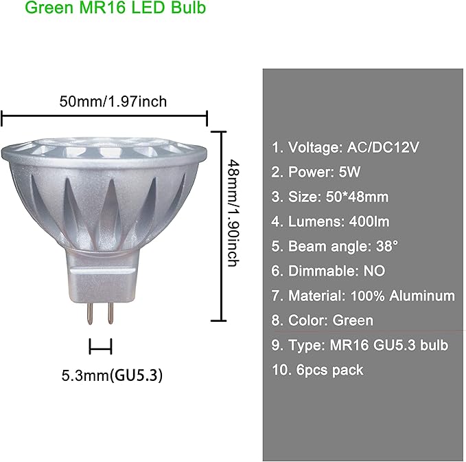 ALIDE MR16 Green Led Bulbs 5W 12V,Replace 20W 35W 50W Halogen,Low Voltage GU5.3 MR16 Led Green Bulb for Halloween Christmas Outdoor Landscape Yard Tree Lighting,Not Dimmable,38 Deg,6 Pack