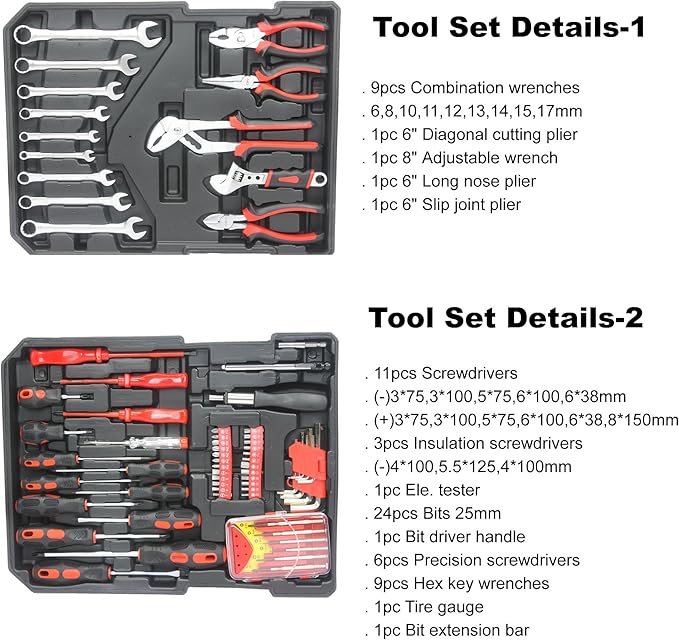 RYH 899pcs All-in-One Professional Tool Set & Rolling Tool Box Set - 4 Drawer Organizer Storage Case - Complete Home, Auto, Mechanic Tool Kit for DIY, Homeowner, Handyman Tool Set (Silver)