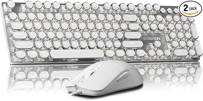 EWEADN Wired Typewriterkeyboard and Mouse Combo, Typewriter Style Mechanical Gaming Keyboard,104 Keys Backlit LED Keyboards, Media Control Knob, Wired Keyboard Pink Switch for Windows/Mac/PC-White