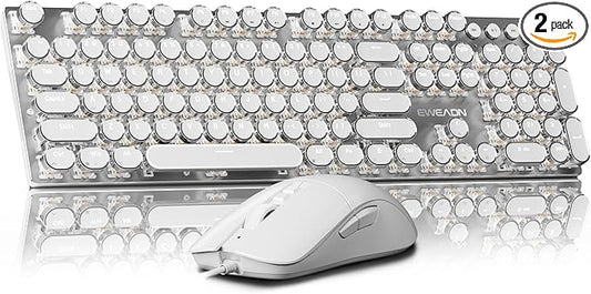 EWEADN Wired Typewriterkeyboard and Mouse Combo, Typewriter Style Mechanical Gaming Keyboard,104 Keys Backlit LED Keyboards, Media Control Knob, Wired Keyboard Pink Switch for Windows/Mac/PC-White