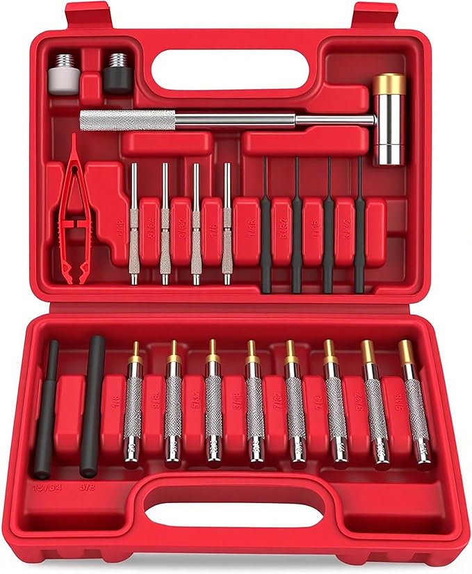 SEDY 22-Pieces Roll Pin Punch Set, Roll Pin Starter Punch, Brass, Steel, Plastic Punches, 4 Heads Hammer & 1 Plastic Tweezers. Red Storage Carrying Case provided
