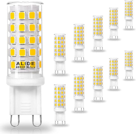 ALIDE G9 5W Led Bulbs 4000K Natural White,50W 60W Halogen Equivalent,AC120V T4 G9 Bi-pin Neutral White Led Bulbs for Chandelier Home Lighting,550LM,10Pack, Non-dimmable