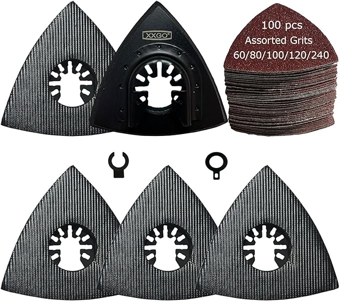 XXGO 105 Pcs Triangular 3-1/8 Inch 80mm 60 80 100 120 240 Grits Multitool Sanding Pads Kits Include 100 Pcs Triangle Sandpaper and 5 Pcs Triangle Sanding Pads XG105T