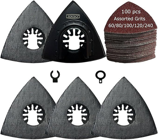 XXGO 105 Pcs Triangular 3-1/8 Inch 80mm 60 80 100 120 240 Grits Multitool Sanding Pads Kits Include 100 Pcs Triangle Sandpaper and 5 Pcs Triangle Sanding Pads XG105T