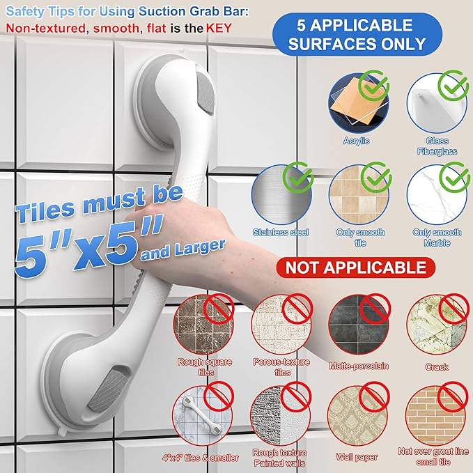 AirTight® Grab Bars for Bathtubs and Showers, (2pack) 16Inch Shower Handle Elderly Suction Bathroom Safety Seniors