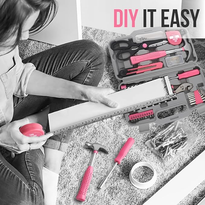 20 Pieces Home Tool Set, Basics Household Tool Kit with Small Mini Carrying Box for Men and Women DIY (Pink)