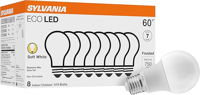 Sylvania LED A19 Light Bulb, 60W Equivalent, Efficient 8.5, 10 Year, W, 5000K, 800 Lumens, Frosted & Sylvania ECO LED Light Bulb, A19 60W Equivalent, Efficient 9W, 7 Year, 750 Lumens, 2700K