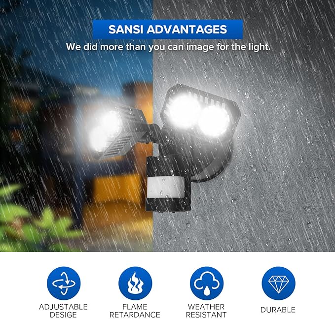 SANSI LED Security Lights, 18W (150Watt Incandescent Equiv.) Motion Sensor Lights, 1800lm 5000K Daylight Waterproof Outdoor Floodlights with Adjustable Dual-Head