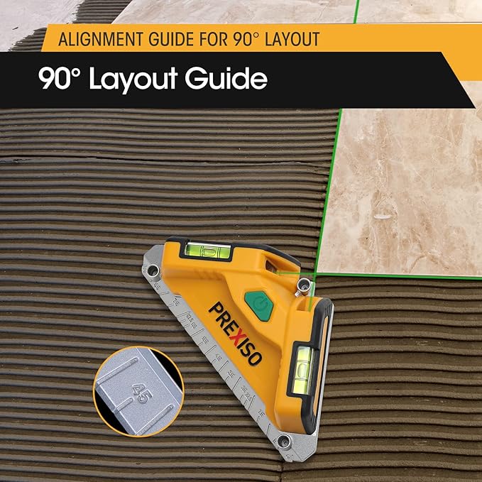 PREXISO Square Laser-65Ft Green Beam Floor Tile Laser Level, Tile Laser Line Projection, Angle 90 degree Aluminum Base Magnetic Level Square Built-In 2 Bubble Vials-With 3 Mounting Pins 3AA Batteries