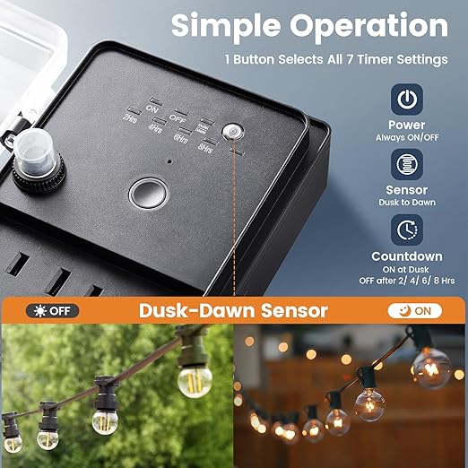 SURAIELEC Outdoor Power Stake Timer Waterproof, 100FT Wireless Remote Control, Photocell Dusk to Dawn Timer, 6 Grounded Plug Outlets, 6FT Extension Cord, for Halloween Decoration, Lights, Garden