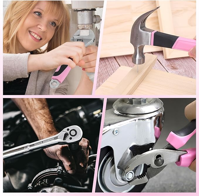 FASTPRO 198-Piece Pink Tool Set, Household Repairing Tool Set with Toolbox, SAE Mechanics Hand Tool Kit for DIY, Home Maintenance