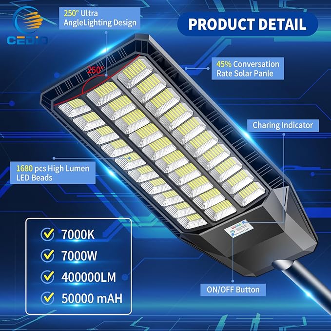 CEDIO Solar Street Lights Outdoor, 9800W Solar Lights Outdoor, 450000 Lumens LED Street Light Waterproof IP67 Dusk to Dawn,LED Flood Light with Motion Sensor (9800W-1PC)