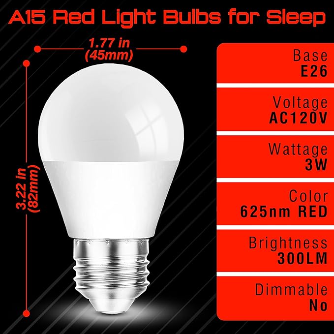 Red Light Bulbs for Sleep, 625nm Red Night Lighting 25w-40w Equivalent, Blue Light Blocking, 3W 300lm, E26 Medium Base for Bedroom Sleep, Mood, Outdoor Porch, Holiday Lighting, Non-Dimmable, 2Pack
