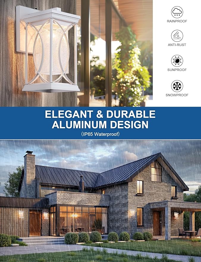 White Outdoor Sconce Dusk to Dawn Exterior Light Fixtures Wall Mount Porch Light Modern Outdoor Wall Light Aluminum with Crack-Like Glass IP65 Waterproof Outside Coach Light for House