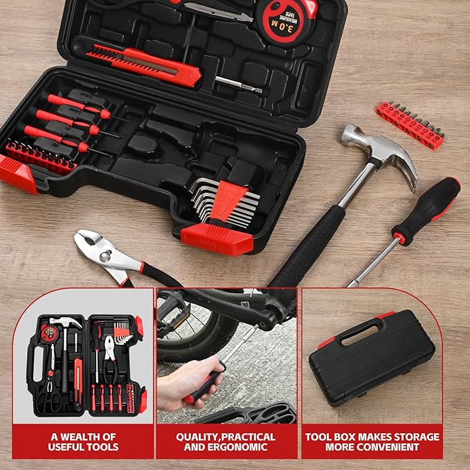 39 Piece Home Tool Kit General Household Hand Tool Set small tool box with Toolbox Storage Case for Everyday Home Repairs, Mini Tool kit for Women (Red)