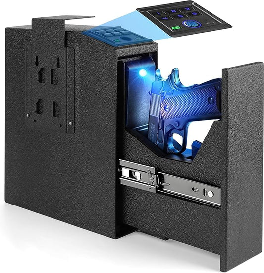 Biometric Fingerprint Mountable Gun Safe, Passcode, Keys and Quick Access Auto Pop，Gun Safe for Nightstand, Desk, Bed Side