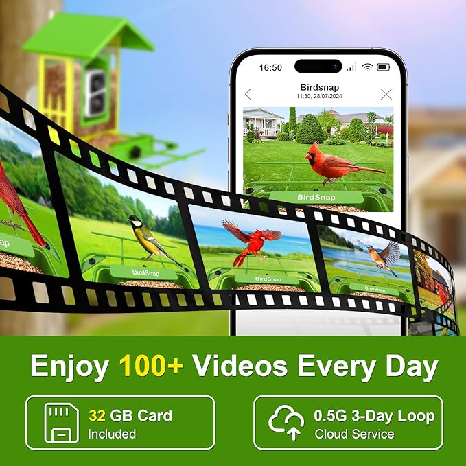 birdsnap® APS - Metal Bird Feeder with Camera Solar Panel 32GB Card, AI Identify 10000+ Birds Camera Feeder, 2K HD Live View Auto Record Bird Video, Ideal Xmas Gift for Birds Lover