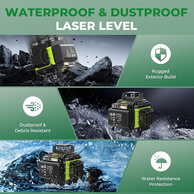 16 Line Laser Level 360 Self Leveling, 4x360°Professional 4D Green Cross Line laser Level with 2 Batteries, Adjustable Brightness & Remote Control, for Tiling Floor Construction and Picture Hanging