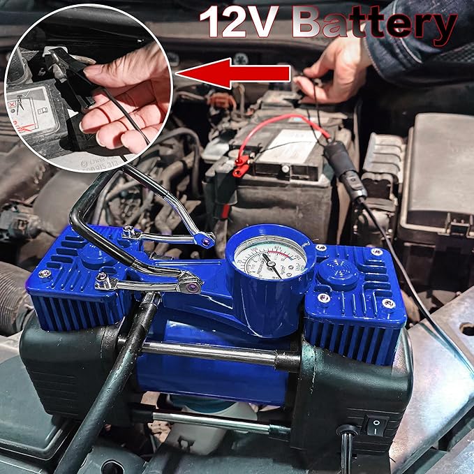 YUNGTEE Blue Tire Inflator Heavy Duty Double Cylinders Direct Drive Inflation Pump,12V Portable Air Compressor Pump with Emergency LED Light - 150PSI Tire Pump,Apply to Car,Suv,RV