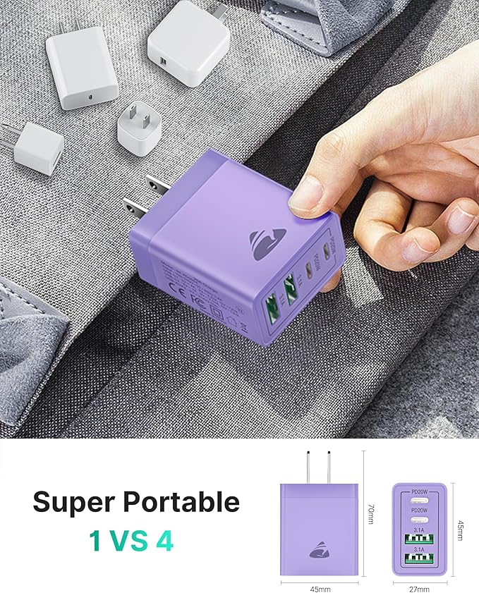 USB C Wall Charger Block 2-Pack, Aiminu 40W 4-Port PD Power Delivery Fast Type C Charging Block Plug Adapter for iPhone 15/14/13/12/11/Pro Max, XS/XR/X, iPad, Samsung, Android Phones Charger Cube