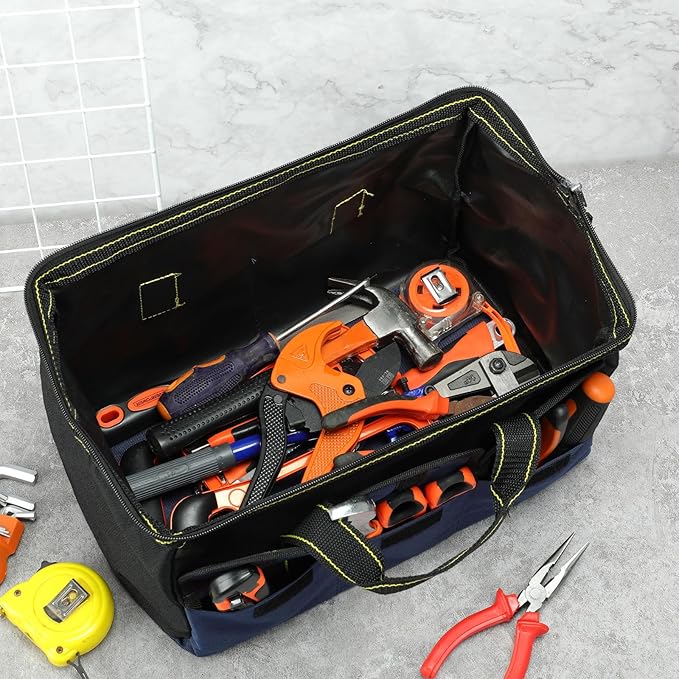Sanwuta 3 Pack Tool Bag for Men with Waterproof Hard Bottom, Heavy Duty Tool Bag Wide Mouth Tote for Various Instrument, Electrician Carpenter Mechanic(16 Inch,Black Red, Blue, Yellow)