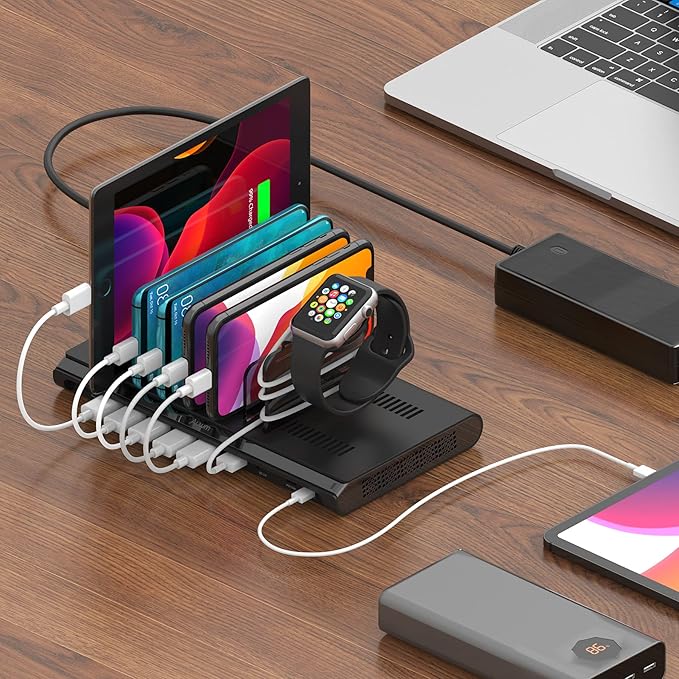 Alxum 96W 10 Port USB Charging Station for Multiple Devices, Multi Charge Station with QC 3.0 Fast Charge and 2 * 18W PD Charging Port for Laptops, Phones, Tablets, and More