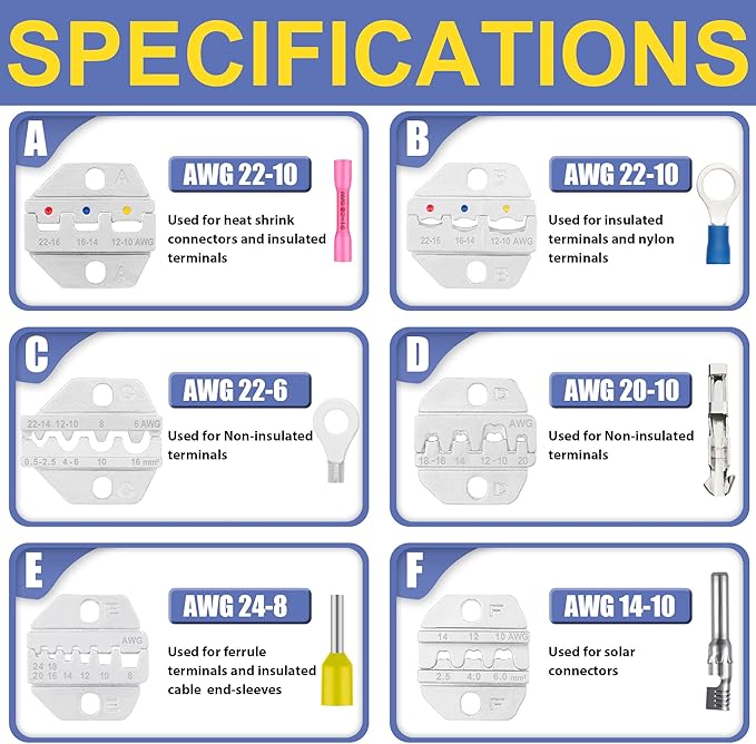 haisstronica 8PCS Crimping Tool Set - Ratchet Wire Crimping Tool for Heat Shrink,Insulated Nylon,Non-Insulated,Ferrule Wire End,Open Barrel Terminals,Solar Connectors