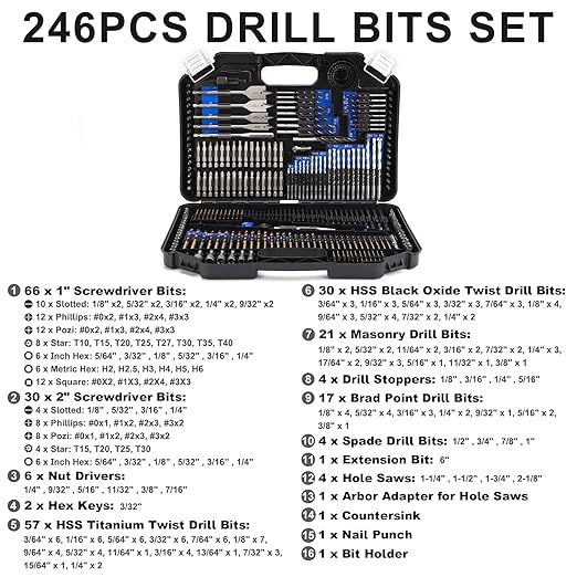 COMOWARE Drill Bit Set, 246 Pcs for Cordless Drill, Drill Driver Bit Set for Wood, Metal, Masonry, Cement and Screwdriver Bits Set Combo Kit
