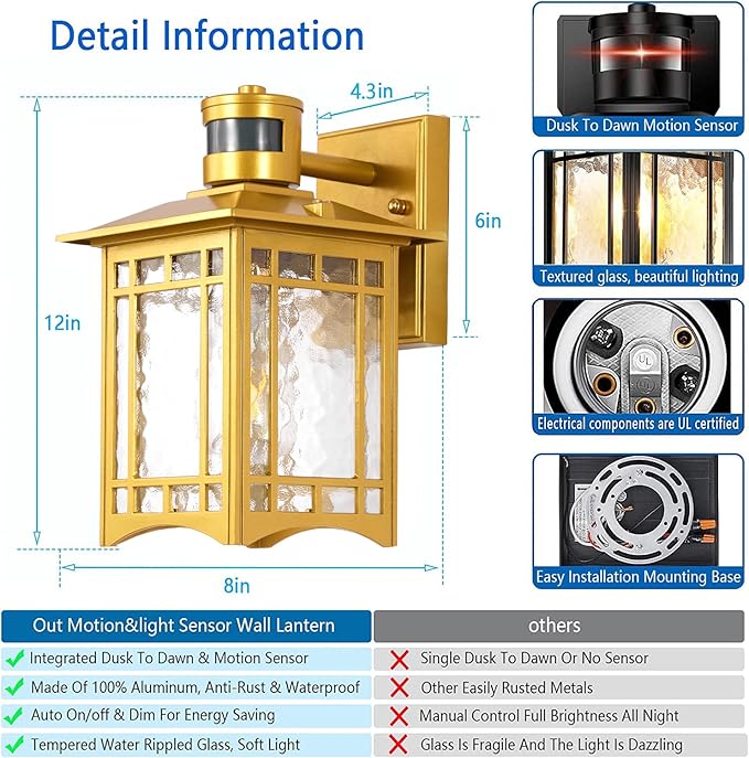 2 Pack Motion Sensor Outdoor Lights, Dusk to Dawn Lighting, LED Exterior Light Fixture, Anti-Rust Lantern for Front Porch, Waterproof Golden Outdoor Wall Sconce for House, Garage, Patio