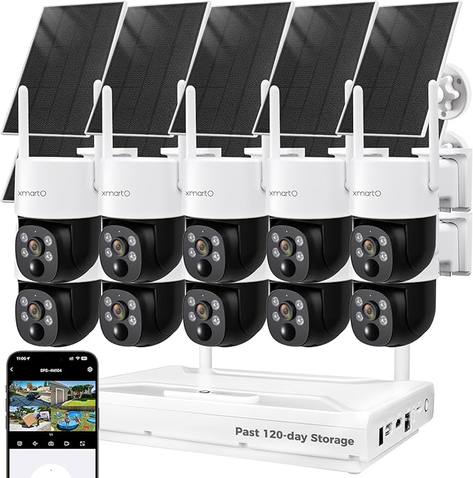XMARTO 100% Wire-Free Solar PTZ Home Security Camera System Wireless, 10-Set 2K 4MP QHD CCTV Camera Kit with 4K 10CH Expandable WiFi NVR and Past 90-Day Video Storage, All-Weather Solar Charge