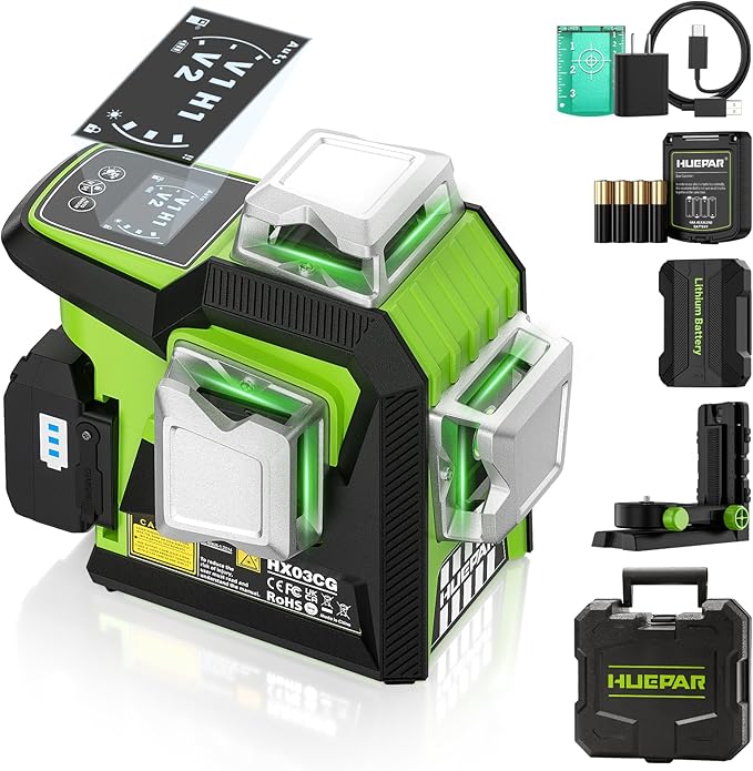 Huepar Laser Level, 360 Self Leveling 1/13-Inch-High Accuracy 3D Green Laser Line Leveler with Rechargeable Battery, LCD Screen, Adjust Brightness, Pulse Mode, Magnetic Base, Hard Carry Case (HX03CG)