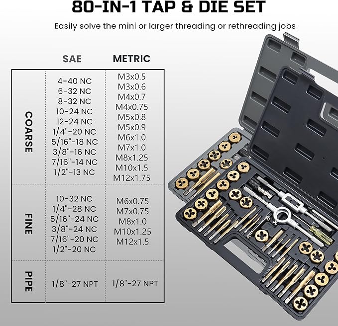 Brass Coated 80pcs SAE & Metric Tap and Die Set, Metric Standard Rethreading Tool Kit, Coarse and Fine Threads for Cutting External and Internal Threads, Essential Repair Tool Kit with Case