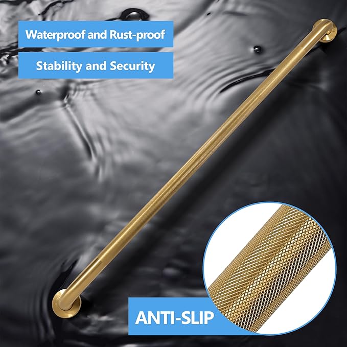 Shower Grab Bar, 2 Pack 39.4 Inch Gold Bathroom Grab Bar, 1.25" Diameter 304 Stainless Steel Anti-Slip Grab Bars for Bathtubs and Showers, Handicap Shower Grab Bar for Seniors Elderly
