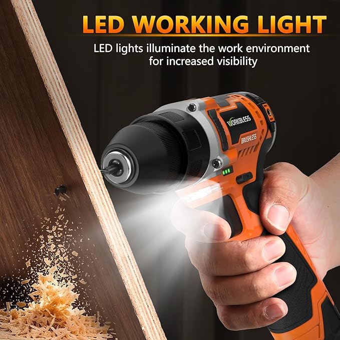 12V Brushless Power Drill, Cordless Drill with LCD Smart Display, 29+1 Torque Setting, 3/8 Inch Keyless Metal Chuck, 2.0Ah Battery, Fast Charger and 18Pcs Bits Included(Orange)