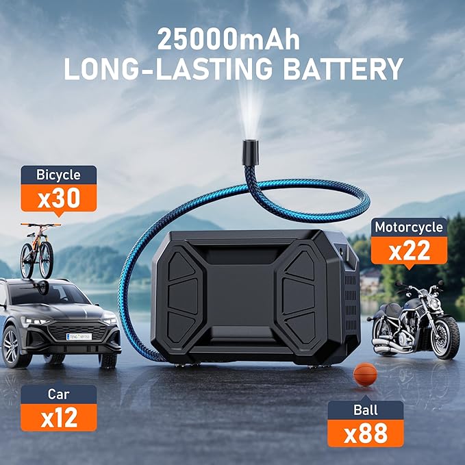 Tire Inflator Portable Air Compressor, 150 PSI Cordless Tire Pump for Car Tire 12V DC Dual Power Battery Tire Inflator Air Pump with Pressure Gauge LED Light for Car, Motorcycle, Bike, Ball