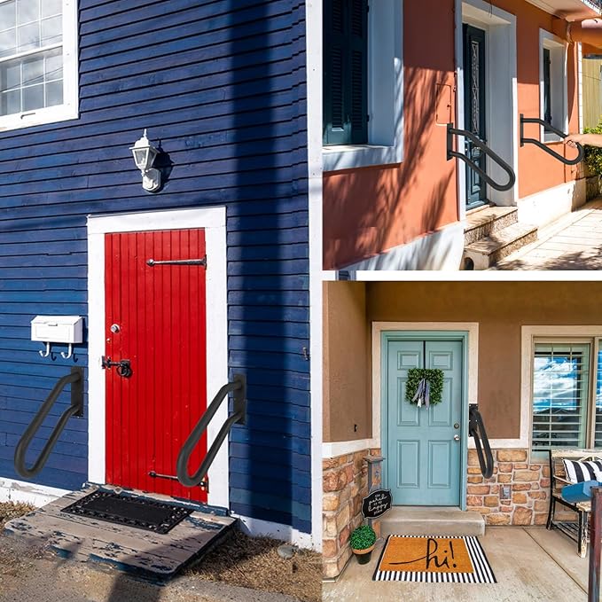 2 Pack Handrail for Outdoor Steps for 1-2 Step Stairs Wall Mount handrails U Shaped Handrail, Stair Rail with Black Powder Coat Finished, Suitable for Garden，Yard and Garage