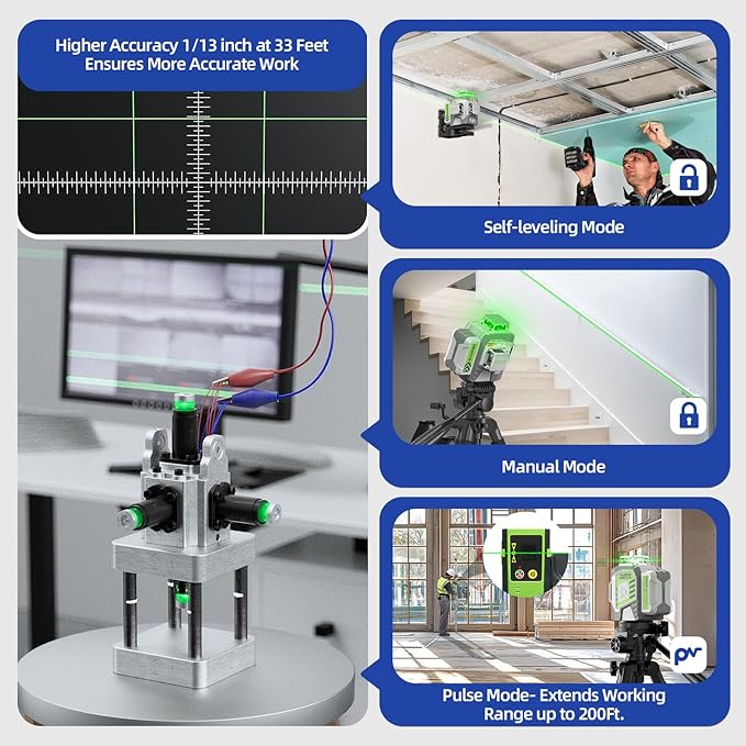 Laser Level 360 Self Leveling, Huepar Pro 3x360°High Accuracy Green Cross Line Laser for Construction and Picture Hanging, 12 Lines Level Laser Tool with 8000mAh Rechargeable Battery & Remote Control