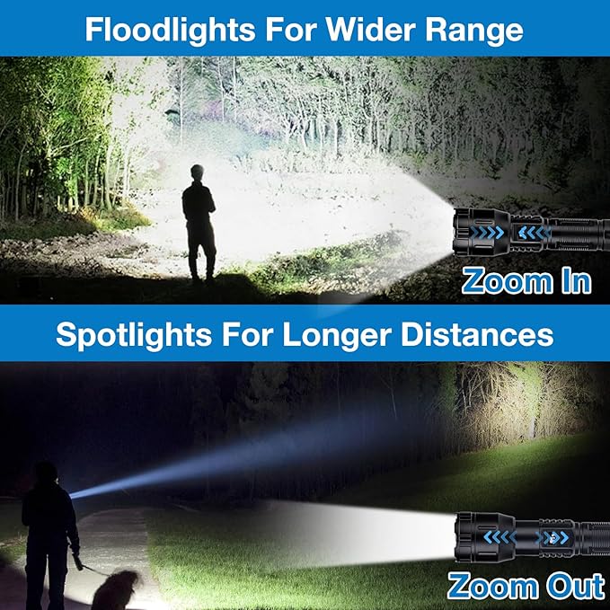 Flashlight High Lumens Rechargeable, 990,000 High Lumens Handheld Tactical LED Flashlights Battery Powered, Zoomable Super Bright Flash Light with 3 Modes, USB C, Waterproof for Emergency